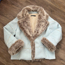 Load image into Gallery viewer, Powder Blue Suede Faux Fur Coat
