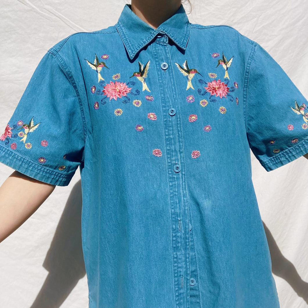 Embroidered Hummingbird Button-Down