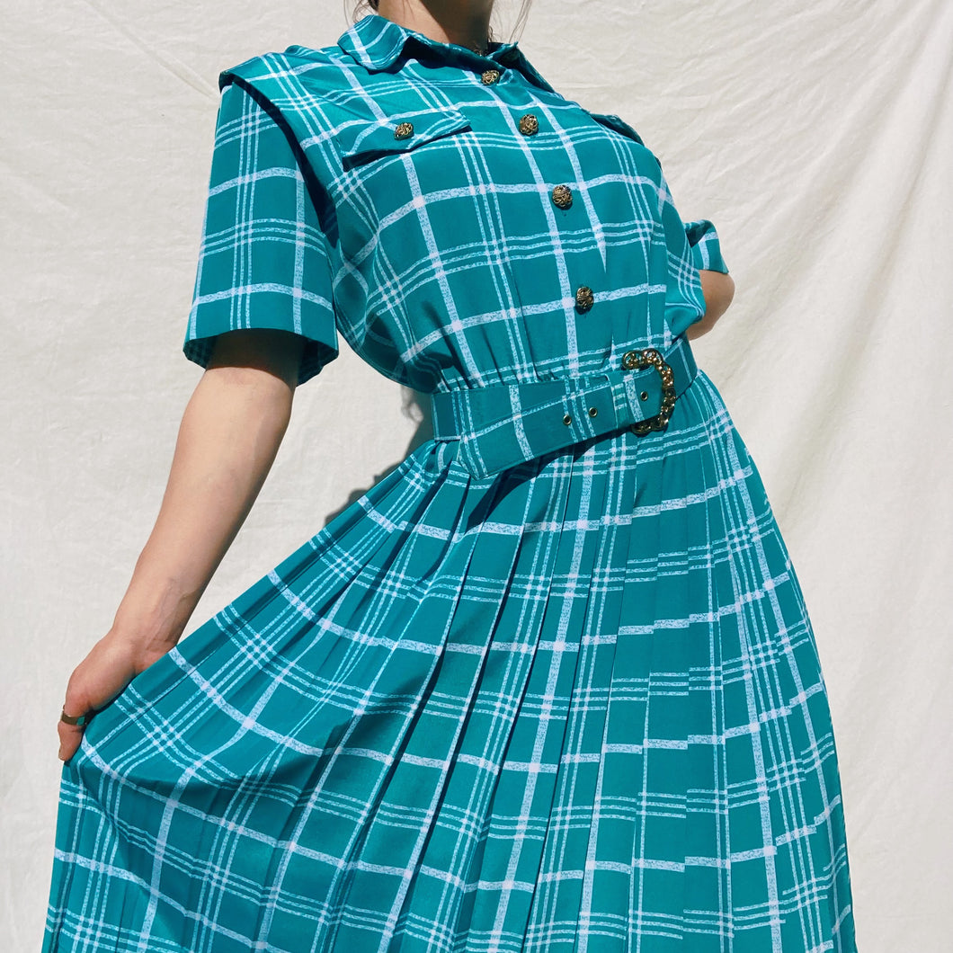 Aqua Gold Accent Plaid Dress